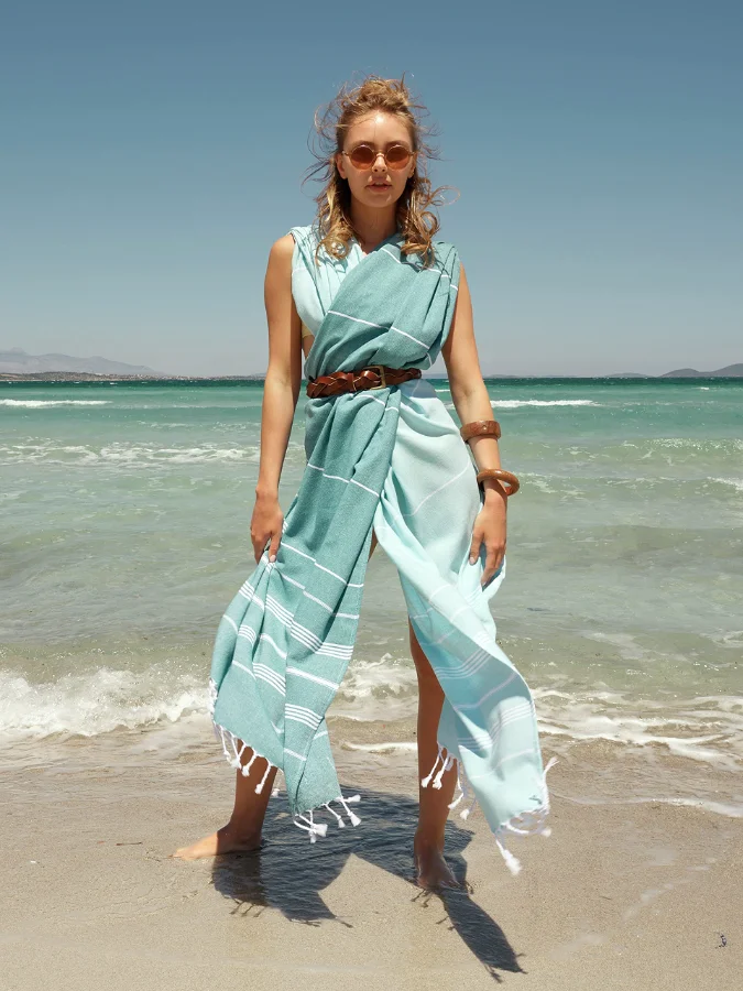 Turkish Beach Towel in Aqua with Blue Floral Bag, view 5