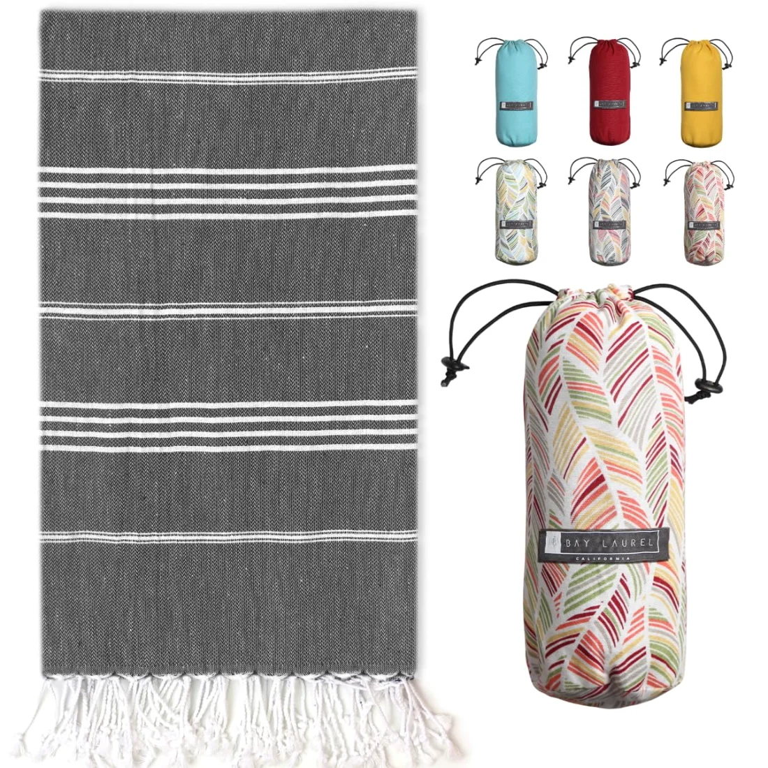 Turkish Beach Towel in Black with Red Floral Bag pack shot