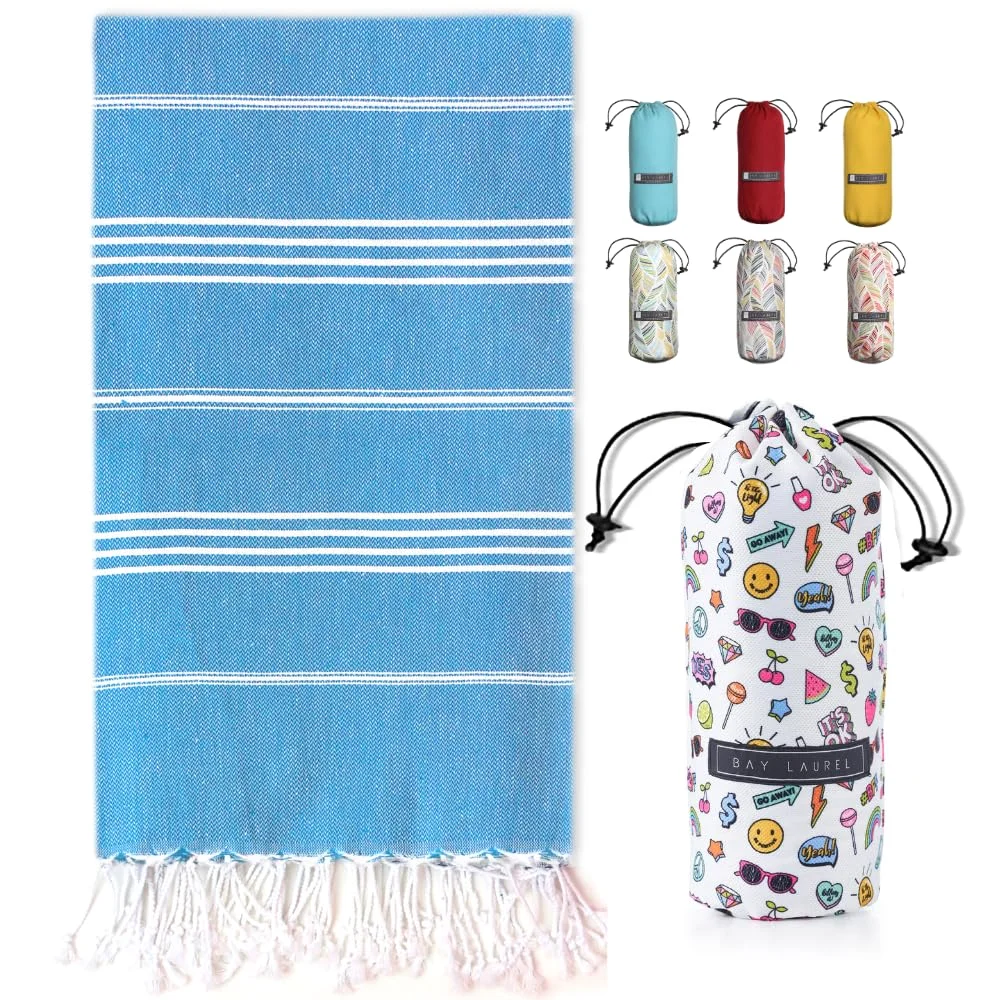 Turkish Beach Towel in Blue with White Print Bag pack shot