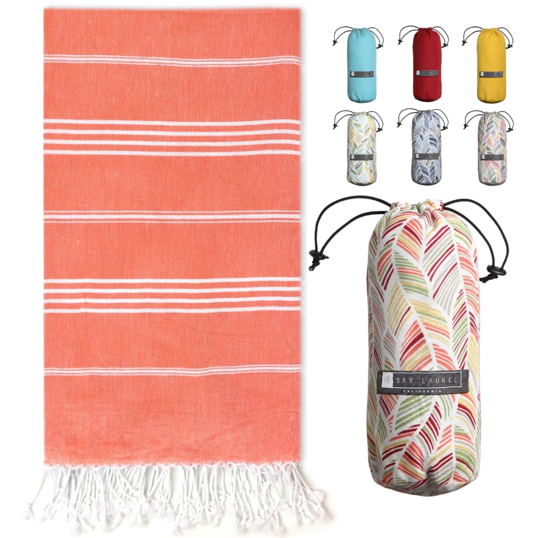 Turkish Beach Towel in Orange with Red Floral Bag pack shot