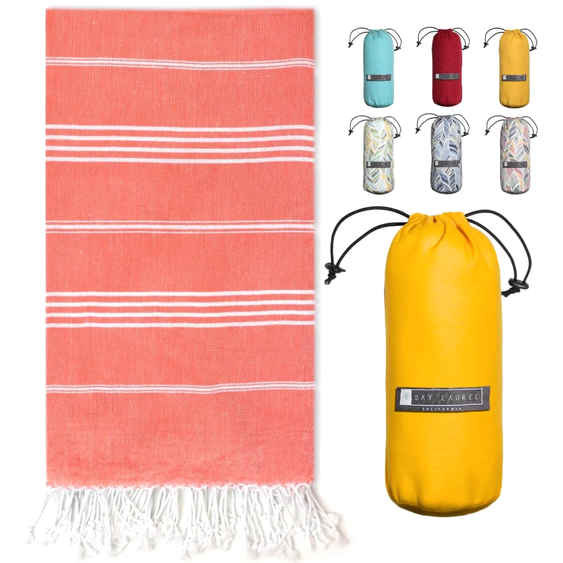 Turkish Beach Towel in Orange with Yellow Bag pack shot