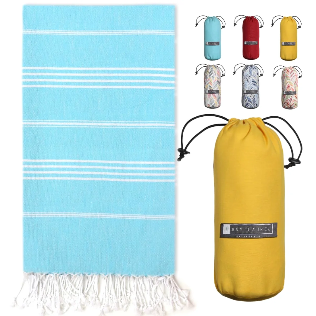 Turkish Beach Towel in Turquoise with Yellow Bag pack shot
