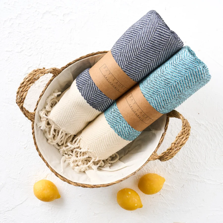 Turkish Hand Towel in Navy, Herringbone 16 × 40 in, view 5