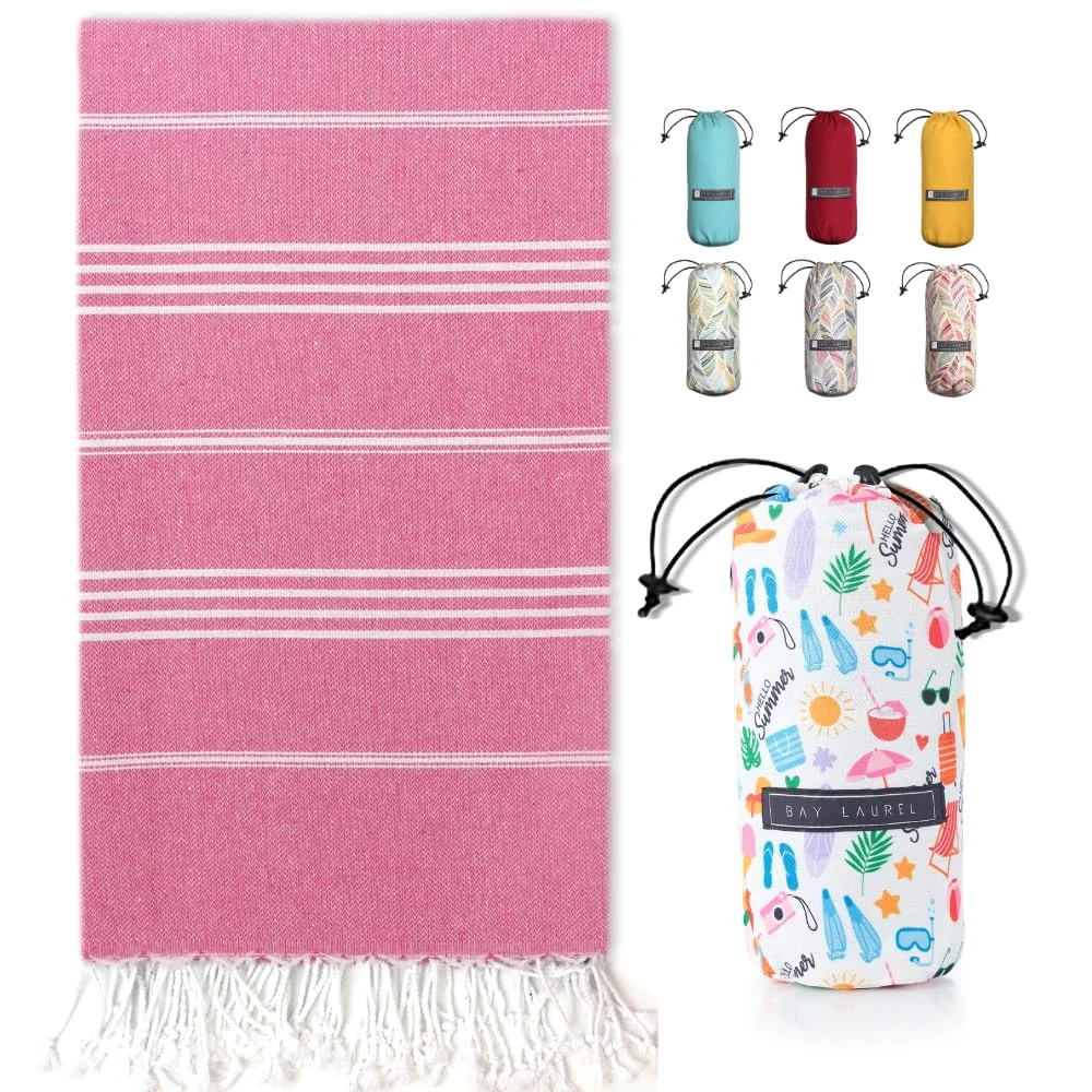Turkish Beach Towel in Pink with White Print Bag pack shot