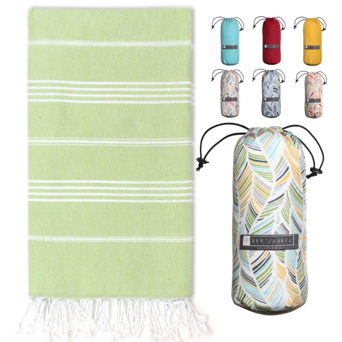 Turkish Beach Towel in Pistachio Green with Floral Bag pack shot