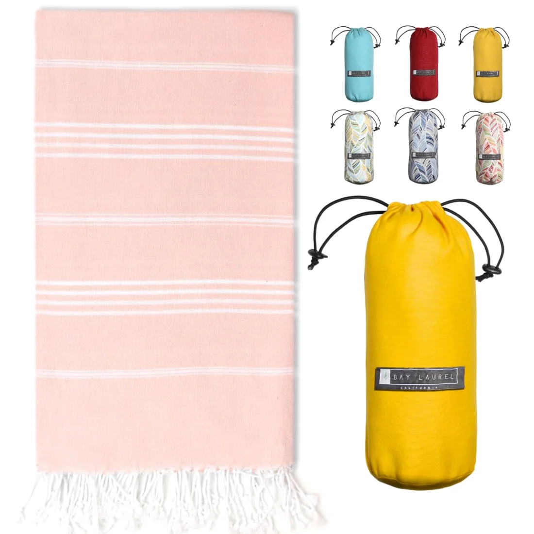 Turkish Beach Towel in Powder with Yellow Bag pack shot