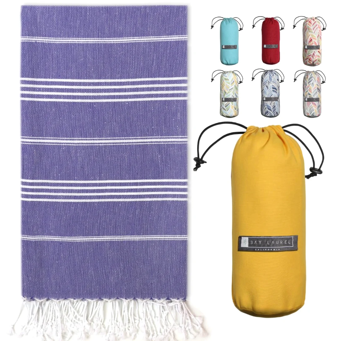 Turkish Beach Towel in Purple with Yellow Bag pack shot
