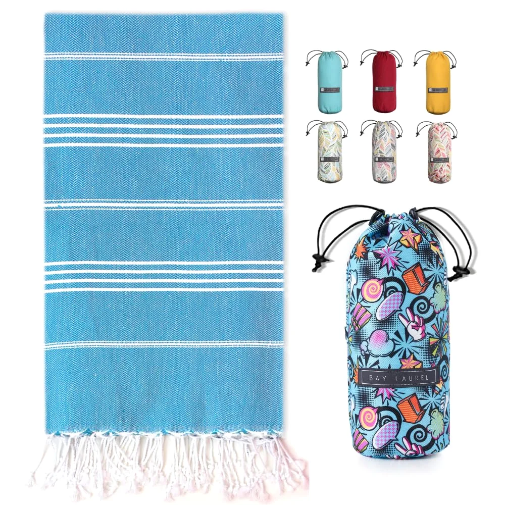 Turkish Beach Towel in Blue with Blue Print Bag pack shot
