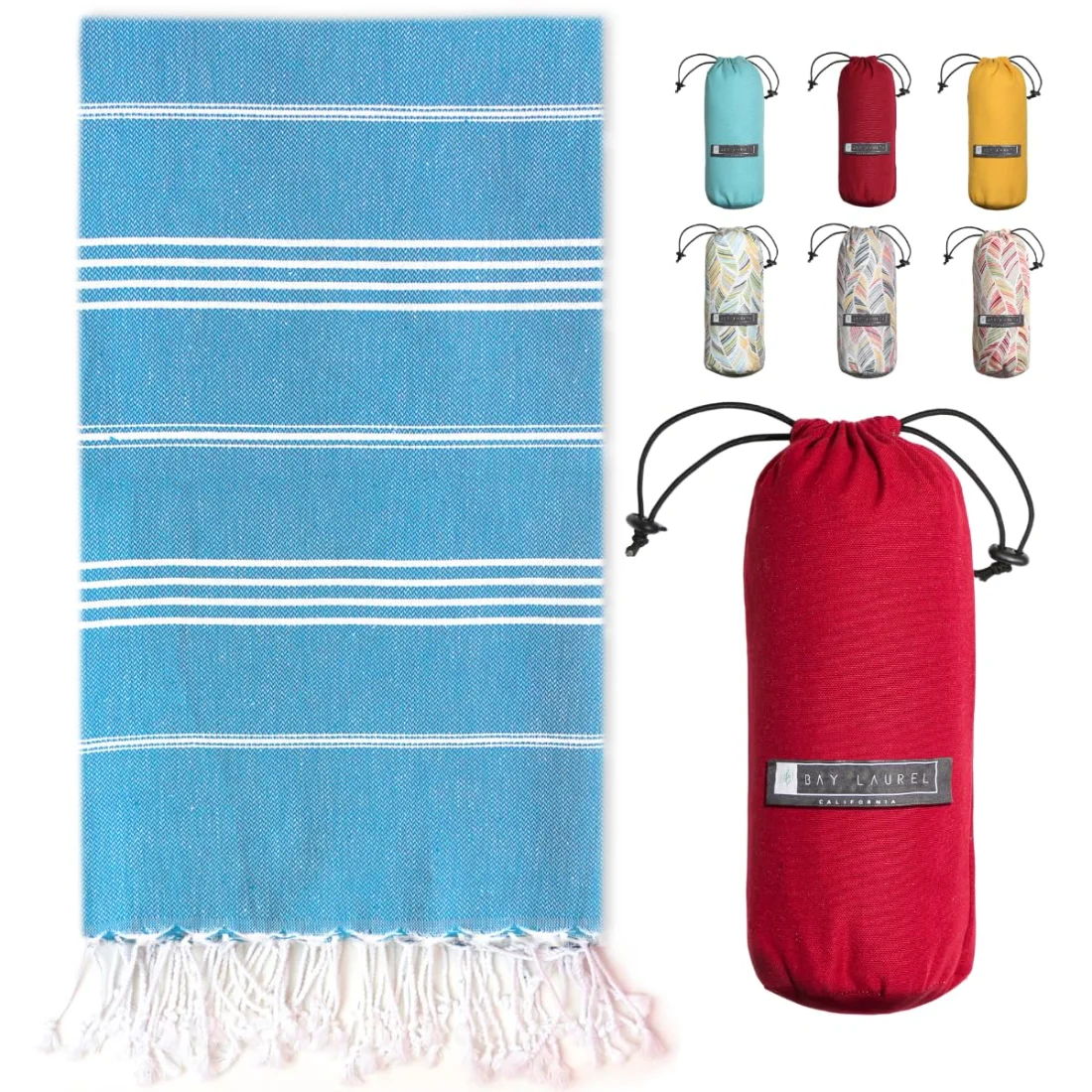 Turkish Beach Towel in Blue with Red Bag pack shot