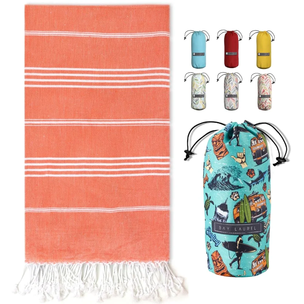 Turkish Beach Towel in Orange with Green Print Bag pack shot