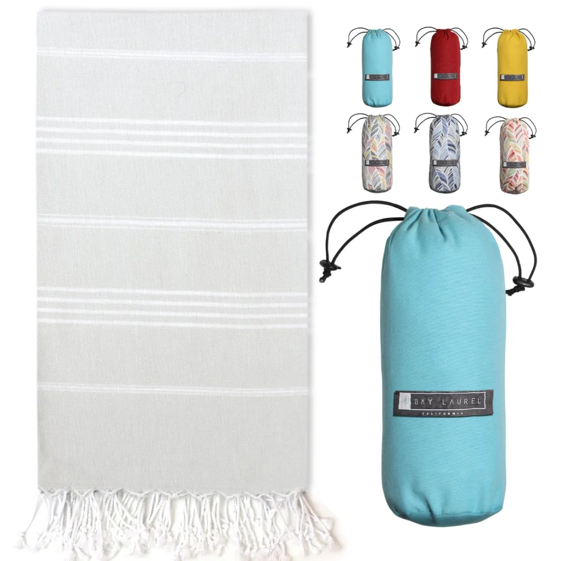 Turkish Beach Towel in Pale Gray with Turquoise Bag pack shot