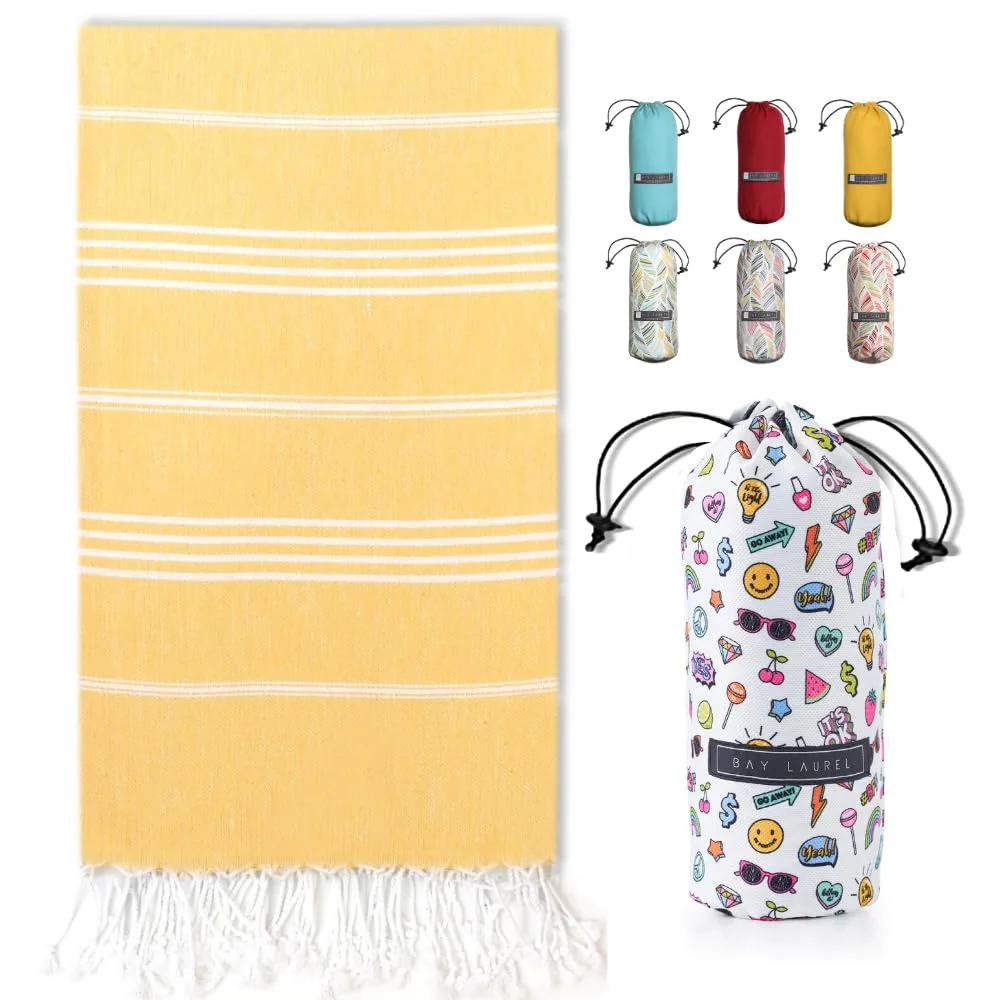 Turkish Beach Towel in Yellow with White Print Bag pack shot