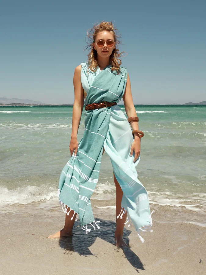 Turkish Beach Towel in Aqua with Blue Print Bag, view 5