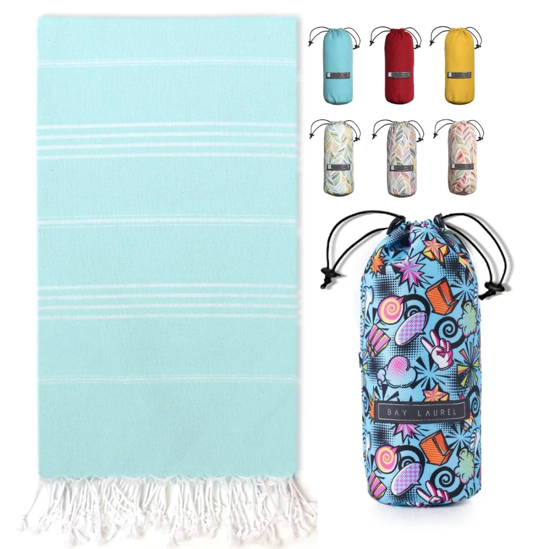 Turkish Beach Towel in Aqua with Blue Print Bag pack shot