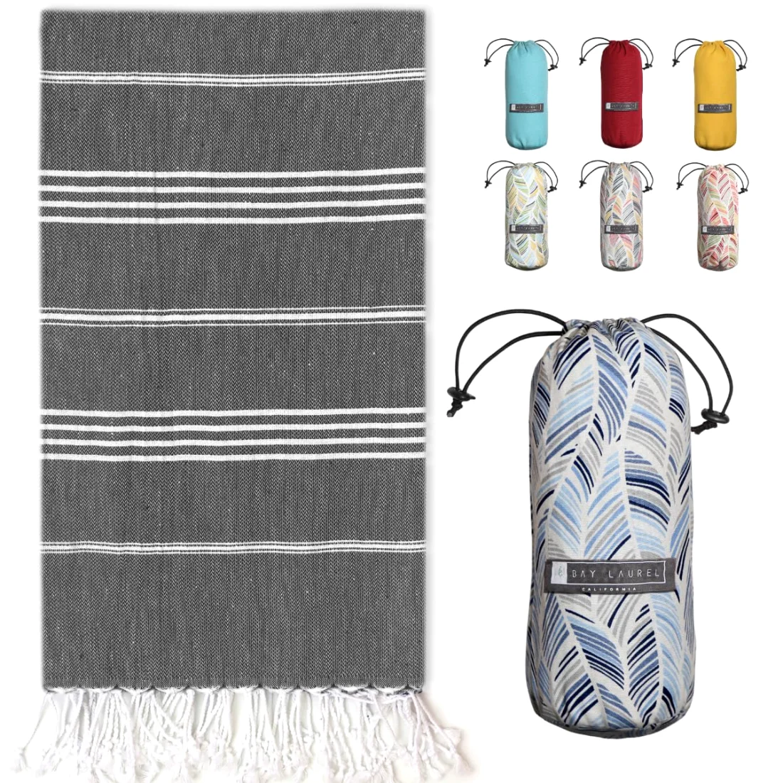 Turkish Beach Towel in Black with Blue Floral Bag pack shot