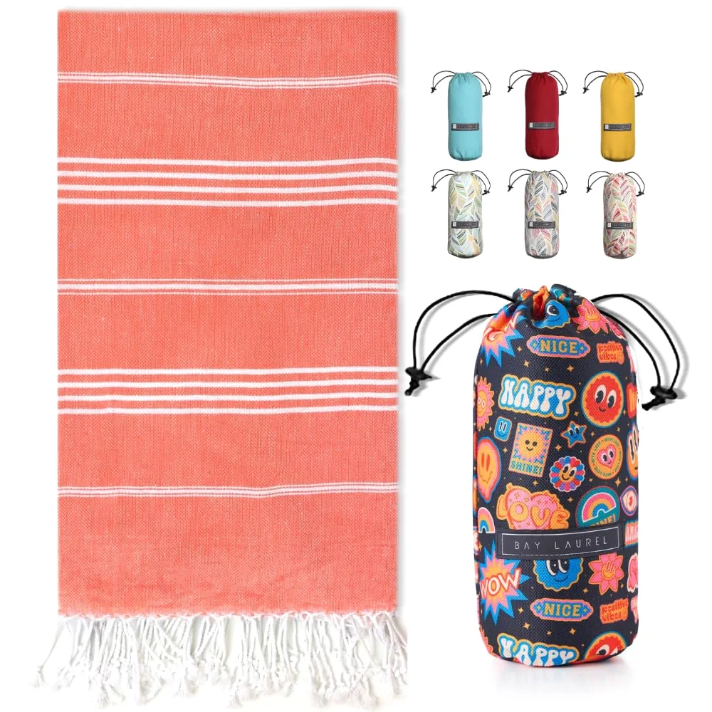 Turkish Beach Towel in Orange with Black Print Bag pack shot