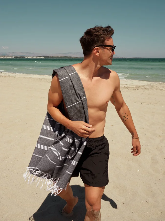 Turkish Beach Towel in Black with Red Floral Bag, view 5