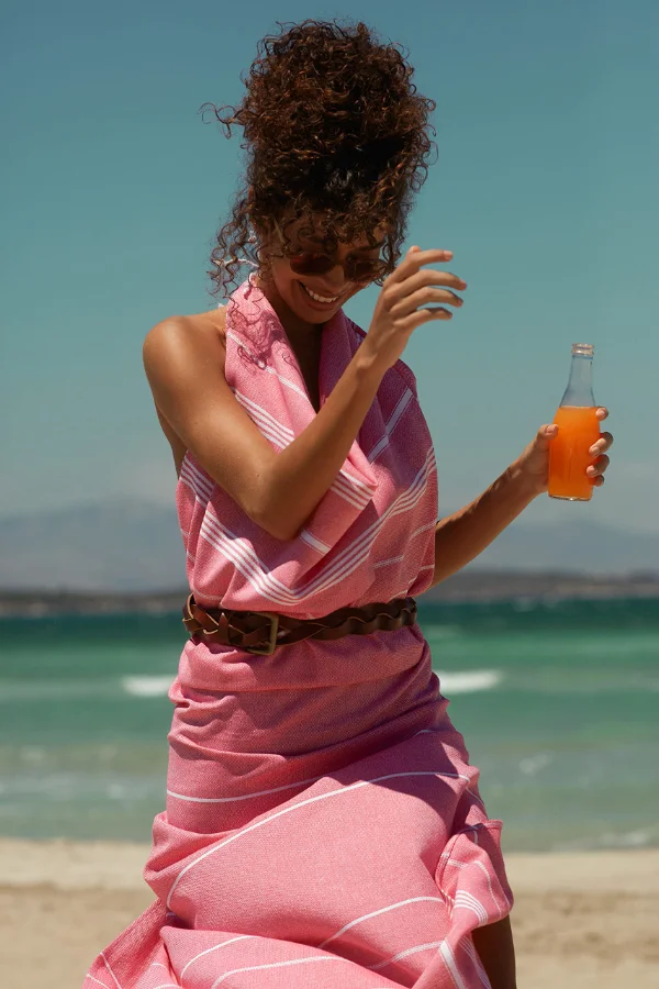 Turkish Beach Towel in Light Pink with Pink Floral Bag, view 4