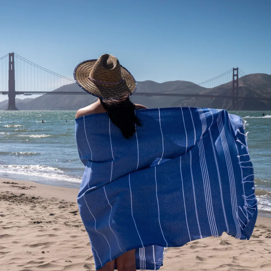 Turkish Beach Towel in Dark Blue with Yellow Floral Bag, view 4