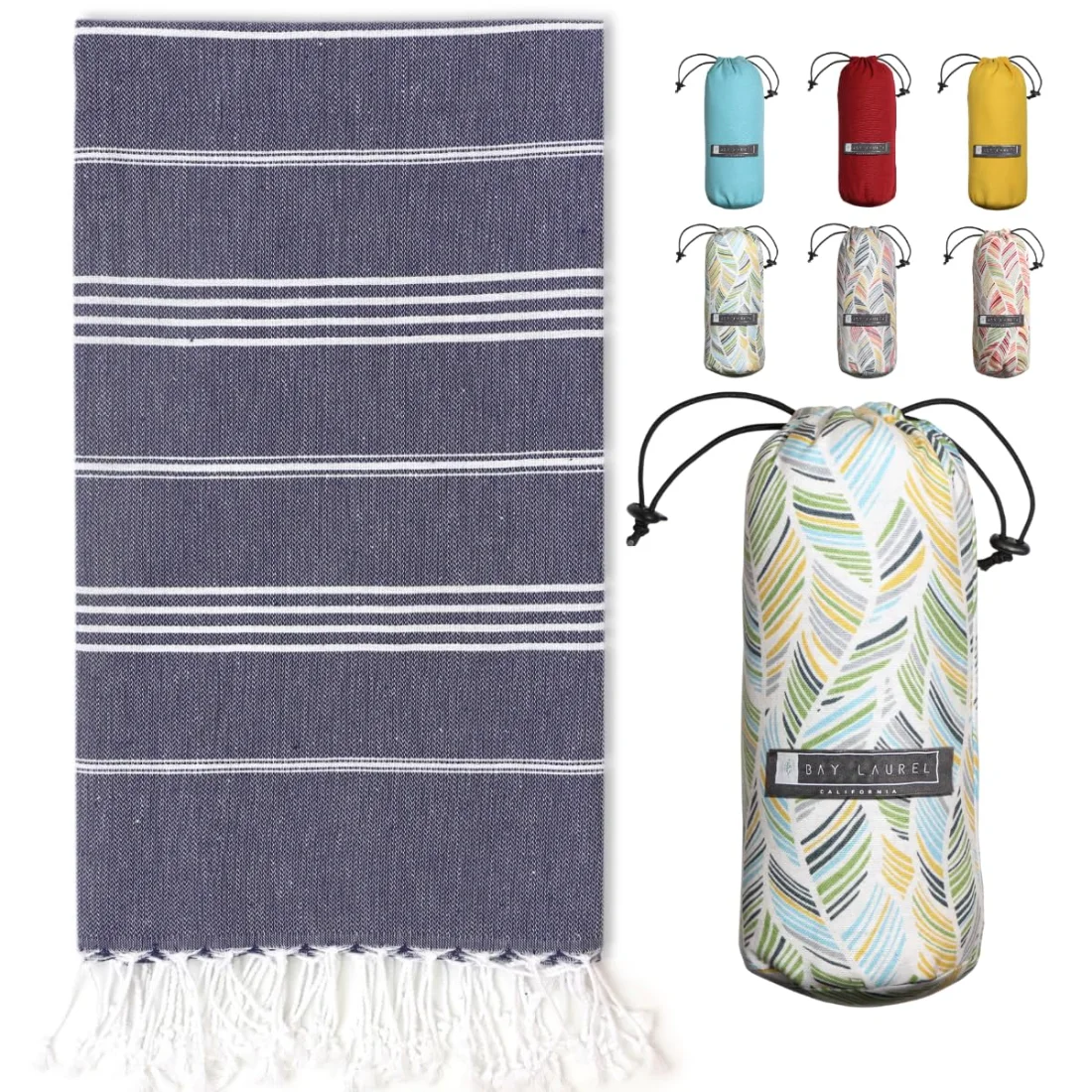 Turkish Beach Towel in Dark Blue with Yellow Floral Bag pack shot