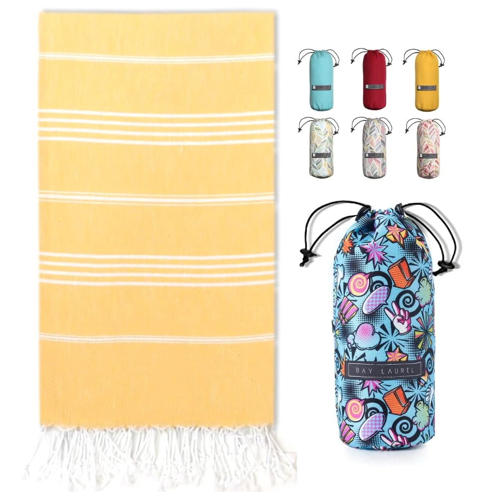 Turkish Beach Towel in Yellow with Blue Print Bag pack shot