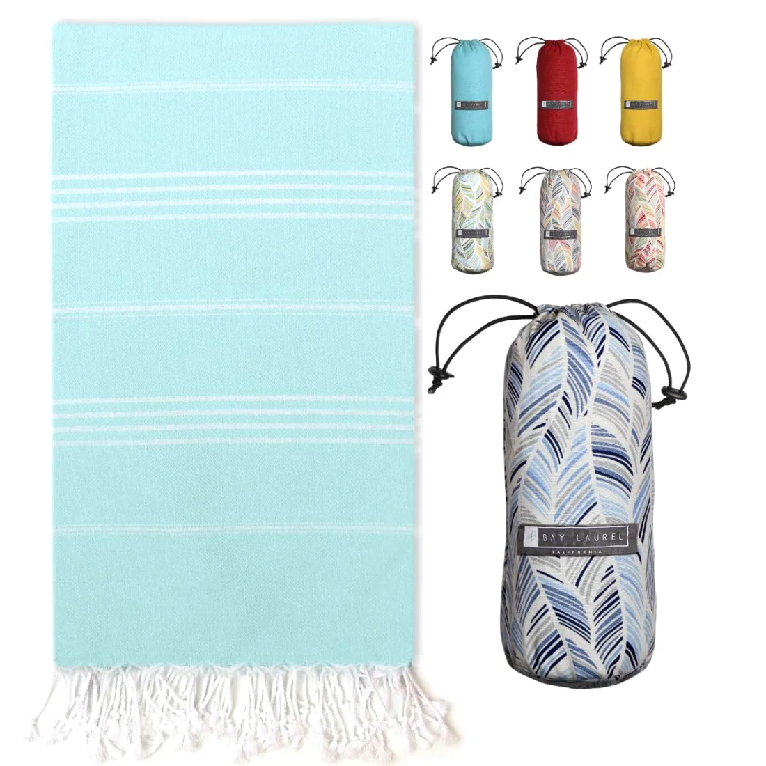 Turkish Beach Towel in Aqua with Blue Floral Bag pack shot