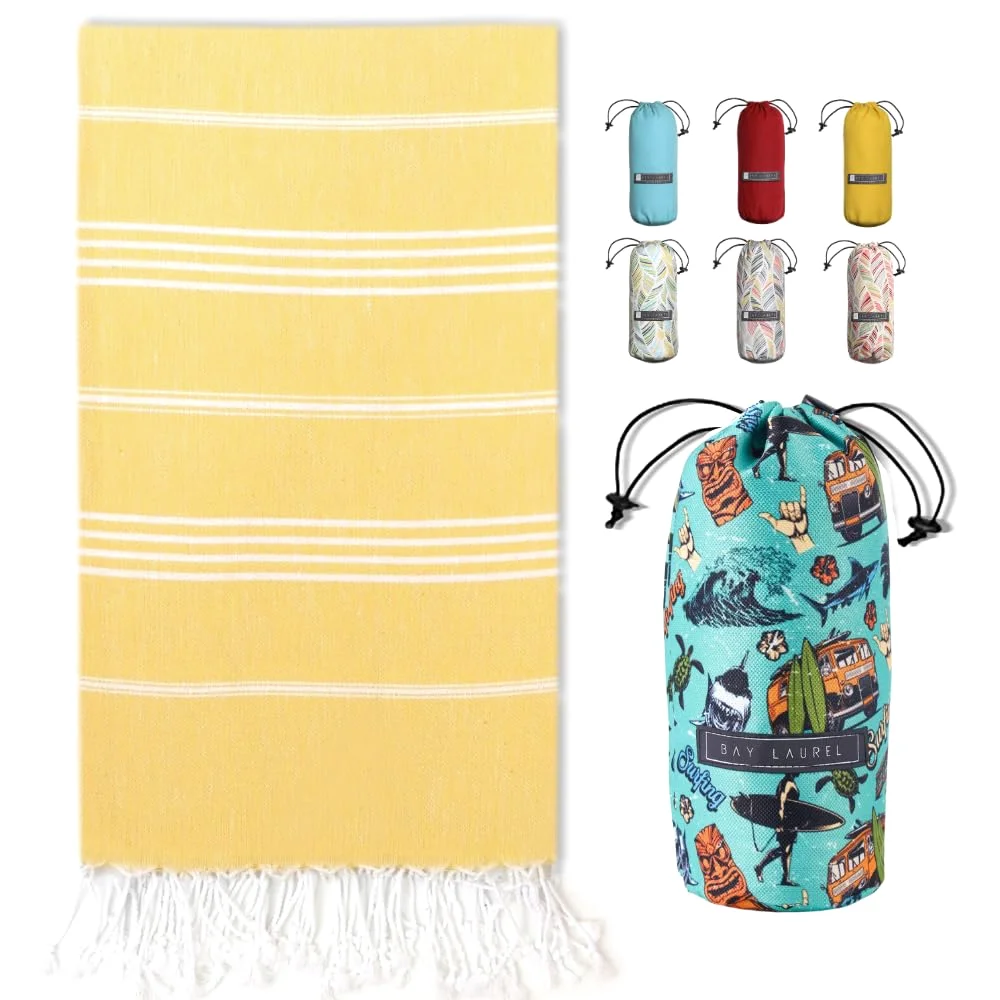 Turkish Beach Towel in Yellow with Green Print Bag pack shot