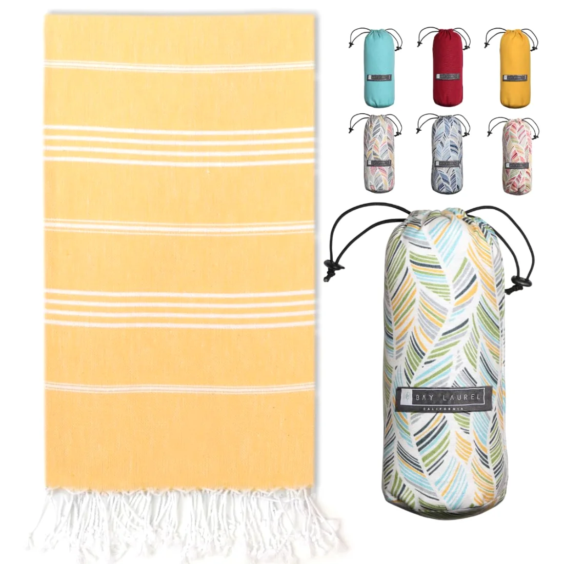 Turkish Beach Towel in Dandelion with Floral Bag pack shot
