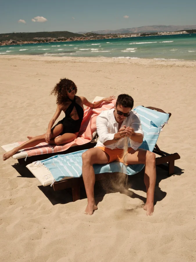 Turkish Beach Towel in Turquoise with Yellow Bag, view 4