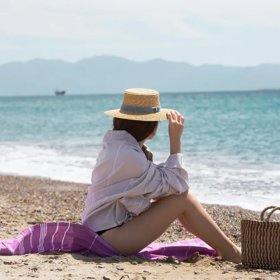 Turkish Beach Towel in Pale Gray with Turquoise Bag, view 5