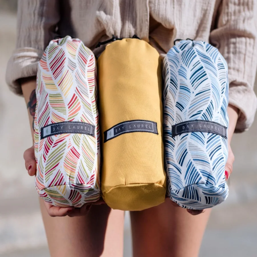 Turkish Beach Towel in Purple with Yellow Bag, view 4