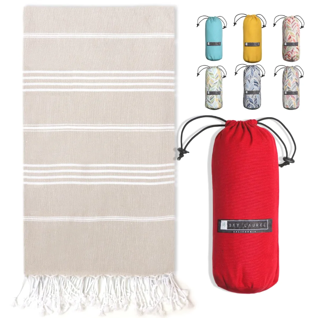 Turkish Beach Towel in Beige with Red Bag pack shot