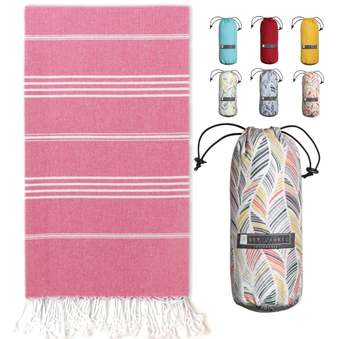 Turkish Beach Towel in Light Pink with Pink Floral Bag pack shot