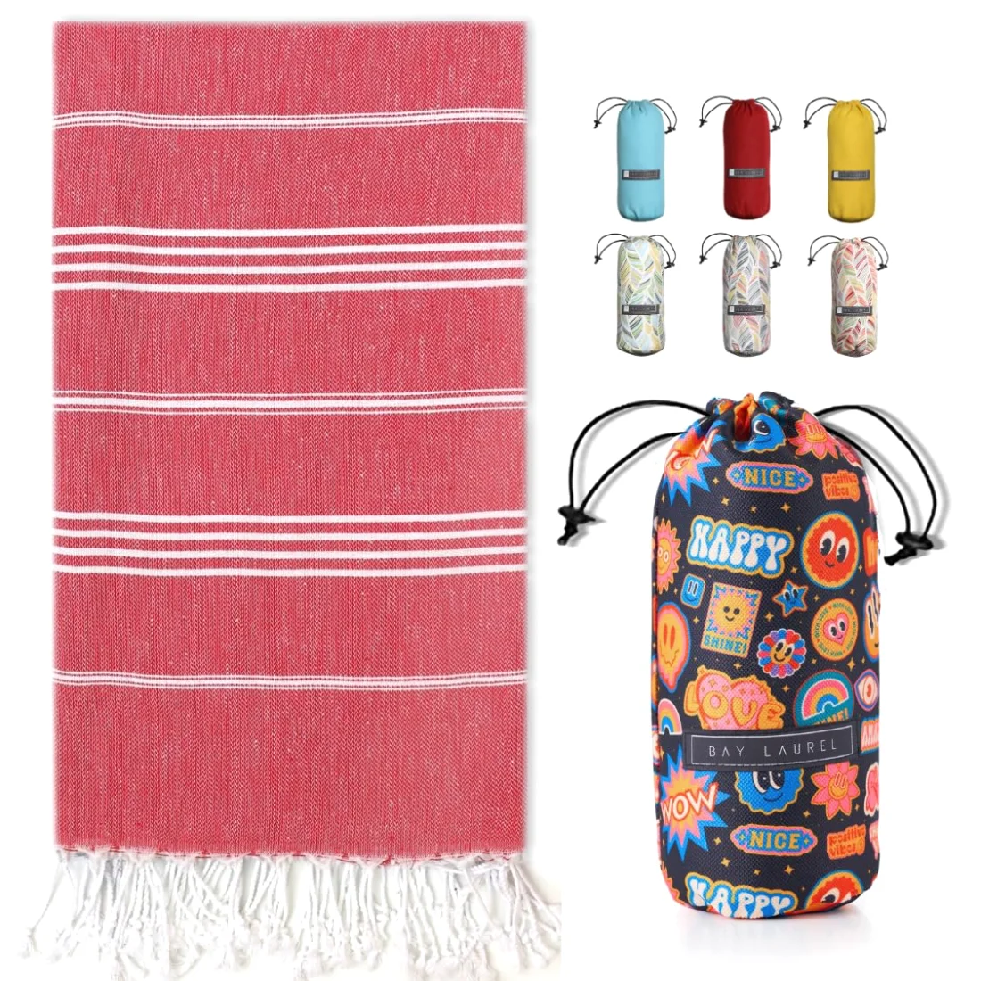 Turkish Beach Towel in Red with Black Print Bag pack shot