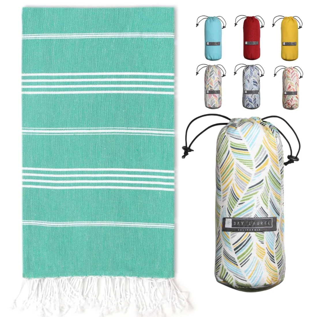 Turkish Beach Towel in Shamrock with Floral Bag pack shot